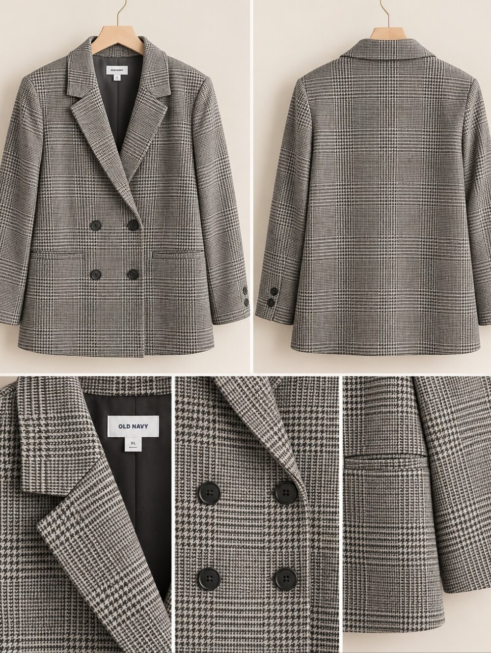 Old Navy NEW Plus Size 3x: Black & Gray Glen Plaid Double-Breasted Soft Blazer